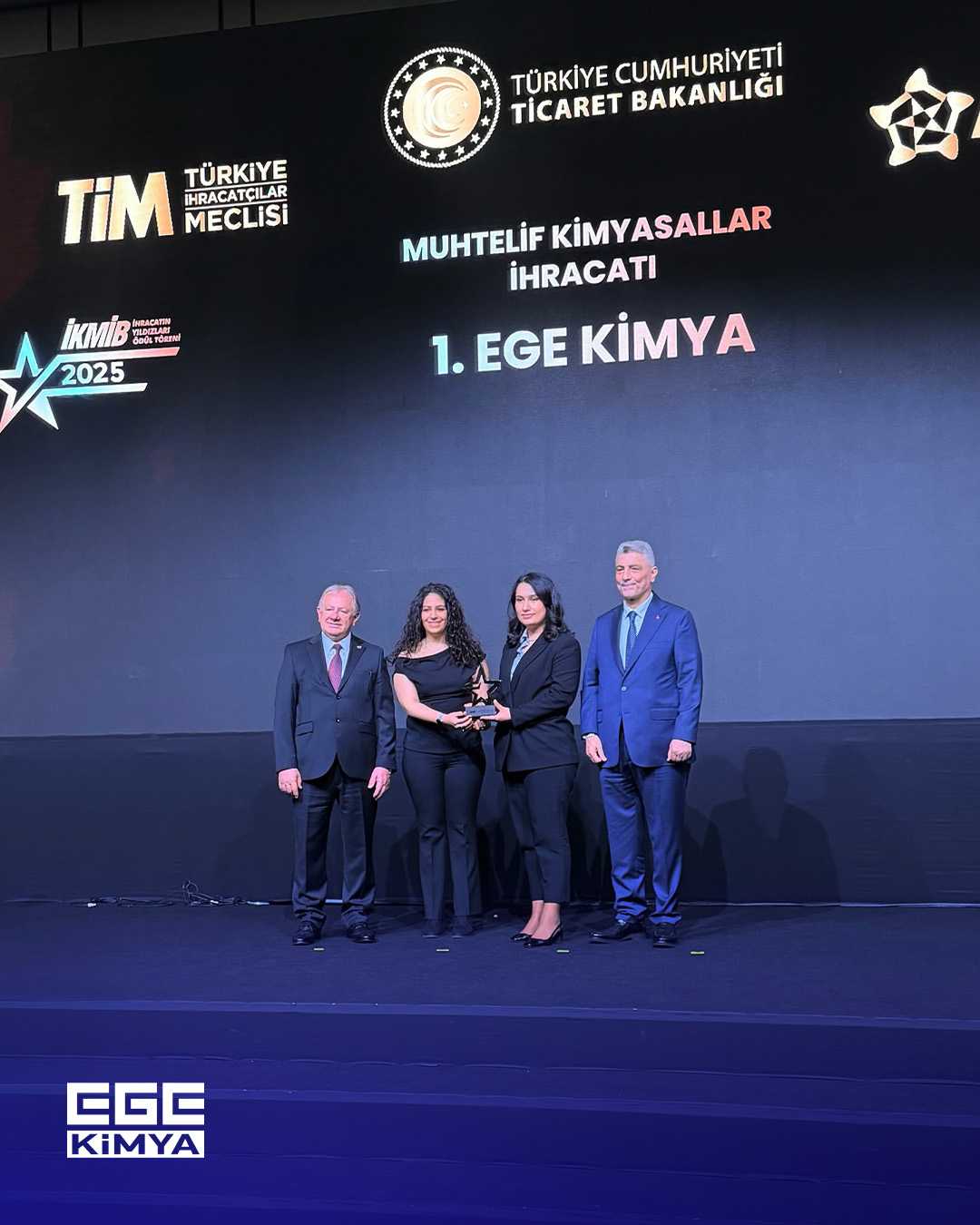 Ege Kimya ekibinin Tire Technology Expo 2026 Hannover fuarındaki stand önünde çekilmiş toplu hatıra fotoğrafı.